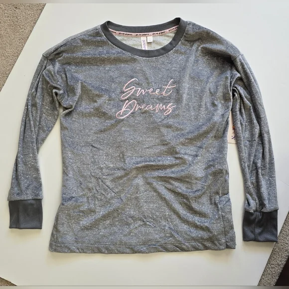 Gray Velour Women's Lounge Wear Pajamas 2-Piece Set with Pink Accents and Socks - Picture 2 of 5